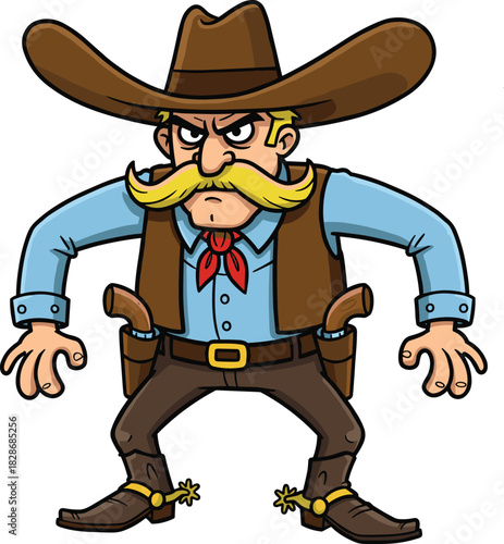 Cartoon cowboy character with hat mustache angry face, revolvers holsters boots spurs, western showdown pose, vintage Wild West vector illustration