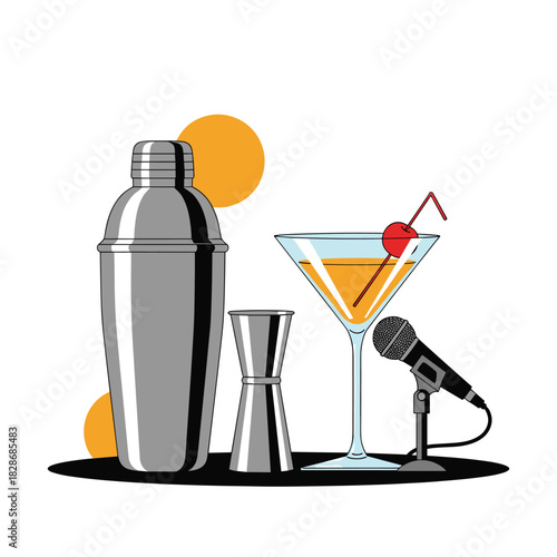 A vibrant illustration showcasing cocktail essentials like a shaker and jigger alongside a martini glass and a microphone, symbolizing a fun night of drinks and entertainment.