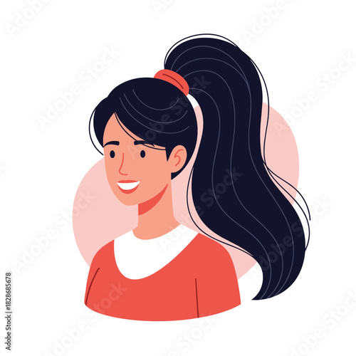 A friendly and smiling young woman with dark hair in a high ponytail, wearing a red top with a white collar, depicted in a modern flat illustration style.