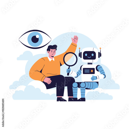 A man and a friendly robot collaborate, symbolizing the synergy between human intelligence and artificial intelligence in areas like digital vision, search, and technological advancement.