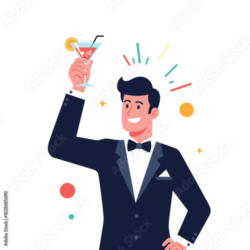 A cheerful man in an elegant tuxedo celebrates a special occasion by raising a refreshing cocktail, smiling brightly amidst festive confetti and sparkles.
