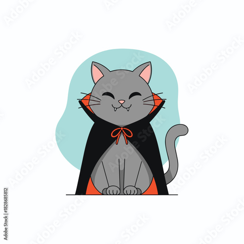 A cute gray cartoon cat wearing a black vampire cape with an orange lining and a red bow smiles happily, ready for Halloween festivities.