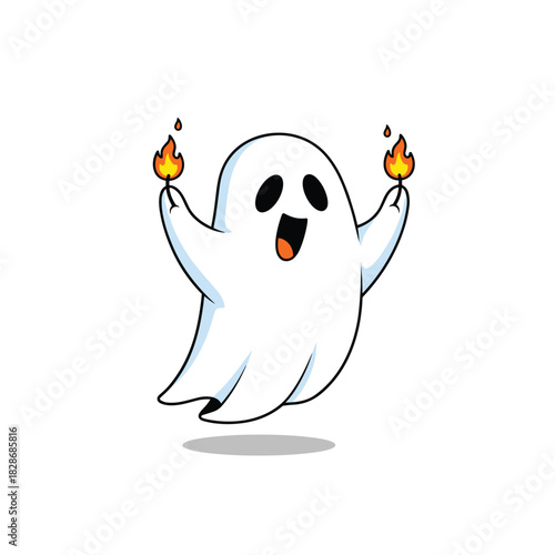 A cheerful cartoon ghost character is happily floating and holding small flickering flames in both hands against a white background, perfect for Halloween themes.