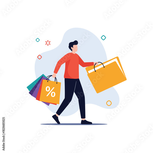 A happy man enjoys a successful shopping spree, carrying multiple bags, some indicating discounts or sales, against a vibrant, abstract background.