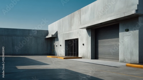 Clean and modern warehouse exterior with gray walls, concrete floor, and industrial garage doors. Minimalism and functional design, perfect for commercial photography.
