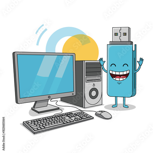 A vibrant cartoon illustration featuring a happy USB flash drive standing next to a desktop computer, symbolizing cloud data storage and digital technology.