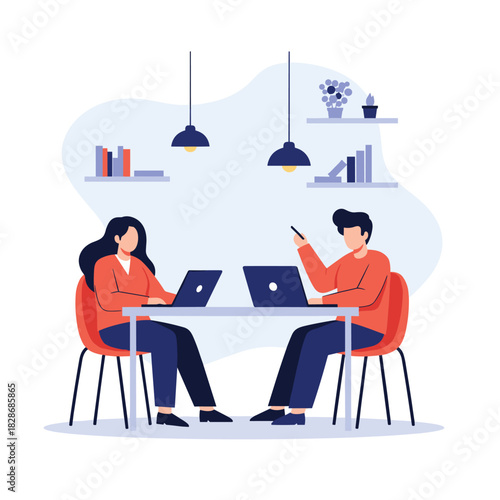 Two professionals collaborate on laptops in a modern office, engaged in teamwork and productivity in a comfortable co-working environment.
