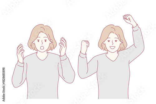 Young woman feeling unhappy and happy showing different emotions. Emotional girl feel stressed and excited. Mood swing. Vector illustration.