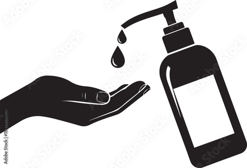 Hand sanitizer bottle with drop falling on palm vector illustration