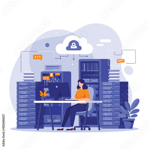 A professional woman works diligently on a computer within a cutting-edge data center, managing complex cloud computing infrastructure and network operations.