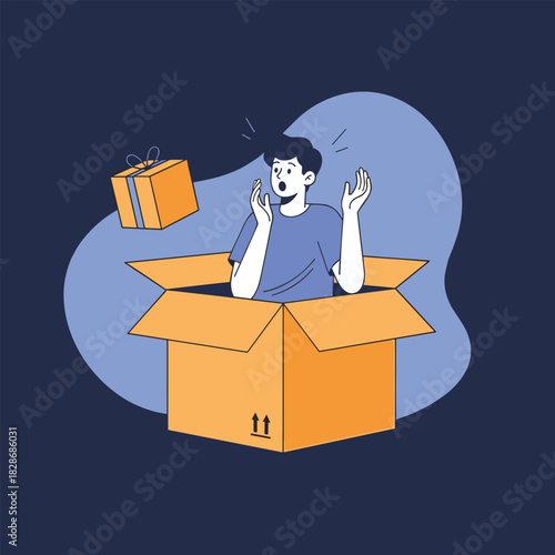 A surprised man enthusiastically pops out of a cardboard delivery box as a wrapped gift floats nearby, conveying excitement and a delightful unboxing experience.