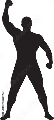 Silhouette of a muscular man with his fist raised in a triumphant gesture against a stark white background symbolizing victory and strength