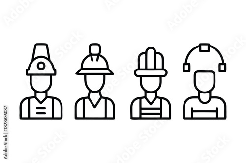 Outline Construction Worker and Tool Vector Icon Labor, Builder, and Safety Equipment Collection