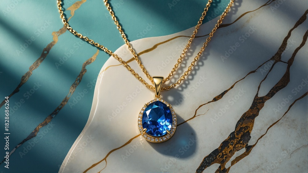Fototapeta premium Gold Necklace With Blue Gemstone On Marble Surface