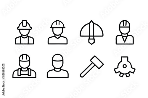 Outline Construction Worker and Tool Vector Icon Labor, Builder, and Safety Equipment Collection