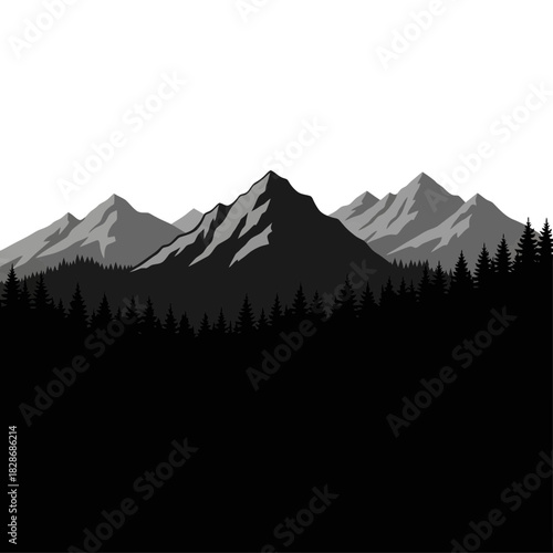 Dramatic Monochrome Mountain Range Silhouette with Forest Landscape Vector