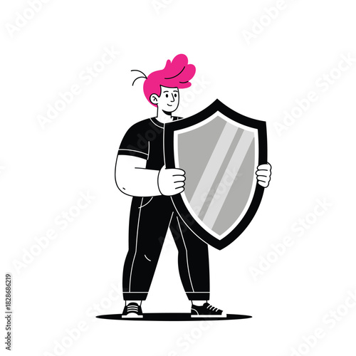 A stylized illustration of a person with pink hair standing and holding a large grey shield, symbolizing protection, security, or safety.