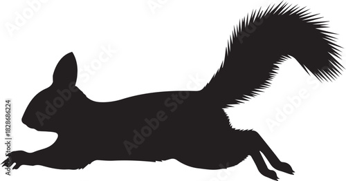 Dynamic silhouette of a red squirrel captured mid leap with bushy tail extended against a clean white background