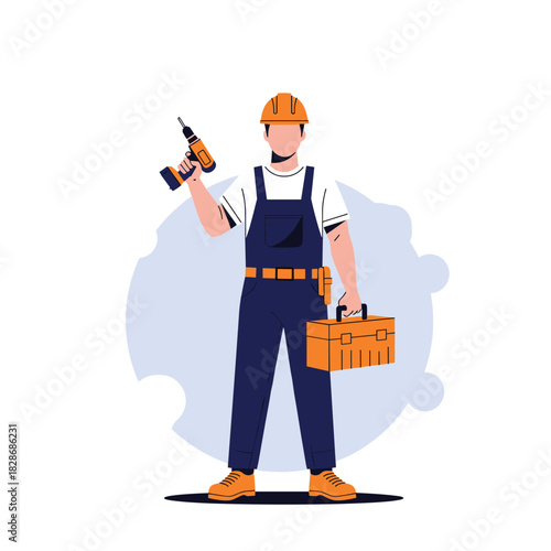 A confident construction worker or handyman, wearing a hard hat and overalls, holds a power drill and toolbox, ready to provide professional service.