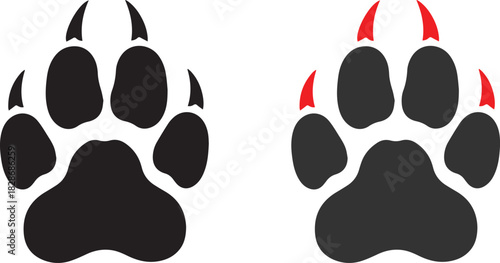 Two distinct animal paw prints one solid black and the other with red claw marks on a white background