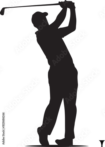 Silhouette of a male golfer in mid swing with a golf club raised high against a white background