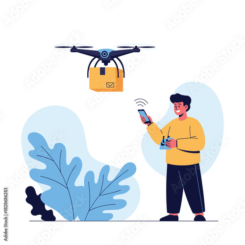 A smiling man uses a smartphone and remote control to operate a drone delivering a package, symbolizing modern logistics and efficient e-commerce services.