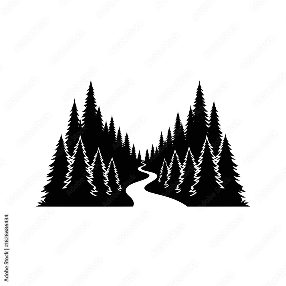 Obraz premium Monochrome woodland scene with winding pathway through a serene evergreen forest