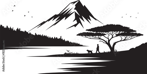 Silhouette of person walking dog on beach at sunset