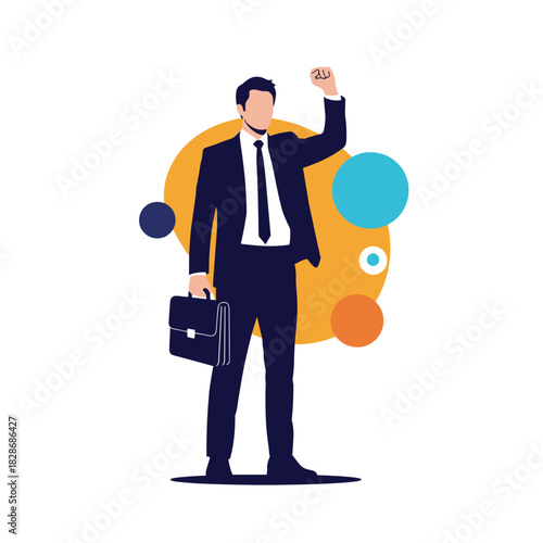 Professional businessman in a dark suit holding a briefcase and raising his fist in a triumphant gesture, symbolizing success and determination.