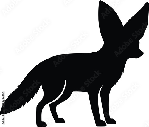 Silhouette of a fennec fox with distinctively large ears standing profile view against a white background