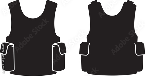 Two identical black tactical vests with multiple pockets and reinforced stitching displayed side by side on a white background