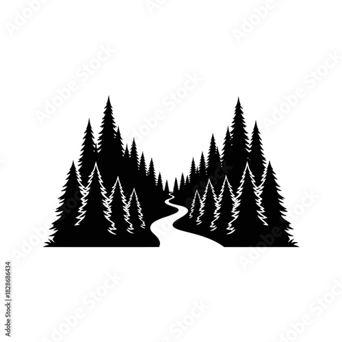 Monochrome woodland scene with winding pathway through a serene evergreen forest