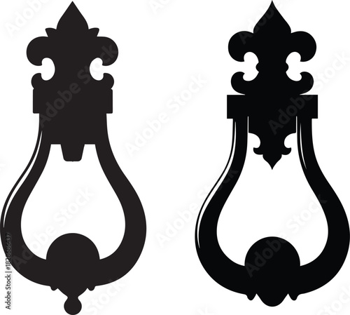 Two ornate black silhouette door knockers with decorative finials and drop shaped handles against a white background