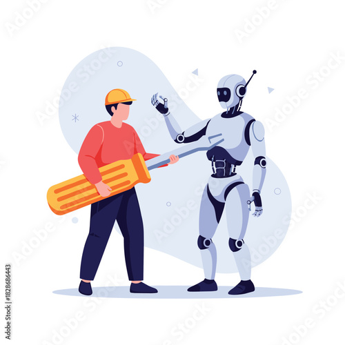 A skilled technician in a hard hat uses a large screwdriver to perform maintenance on an advanced humanoid robot, highlighting the support for artificial intelligence.