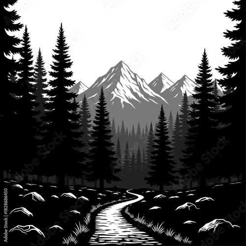 Monochrome wilderness retreat with winding path and mountain view