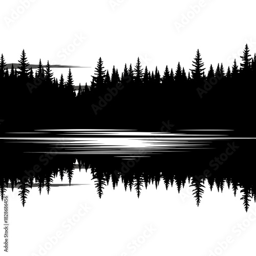 Mystical evergreen forest silhouette reflecting upon glassy water surface