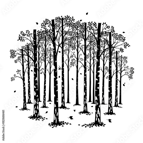 Monochrome woodland abstraction with sparse leaves and tree silhouettes