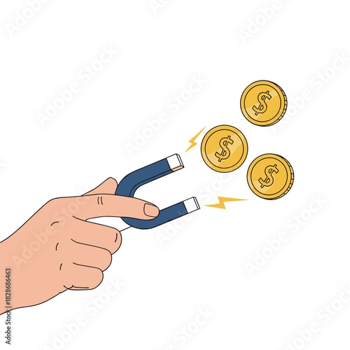 A hand holds a horseshoe magnet, attracting golden dollar coins with visual representations of magnetic force, symbolizing wealth attraction or financial pull.