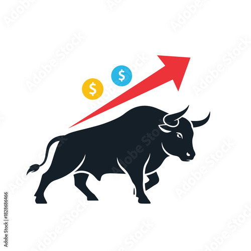 Illustrative design depicting a bull market, featuring a determined bull, an ascending arrow, and currency symbols, signifying positive financial trends and investment opportunities.