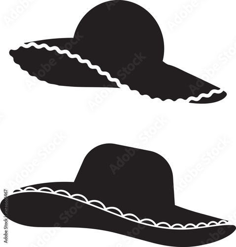 Two elegant black silhouette wide brim sun hats with decorative white scalloped trim shown from different angles on a white background