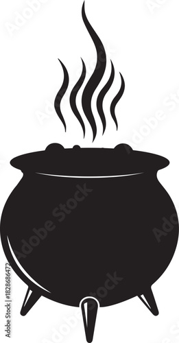 Black silhouette of a classic witch s cauldron bubbling with steam rising upwards on a white background