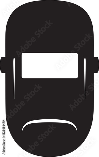 Simple black silhouette of a welding mask with a clear rectangular visor and protective headgear for industrial safety and craftsmanship