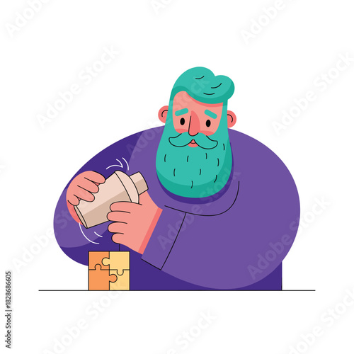 A teal-bearded man, dressed in purple, actively shakes a cocktail shaker over two interconnected puzzle pieces, symbolizing the process of blending ideas or solving complex problems.
