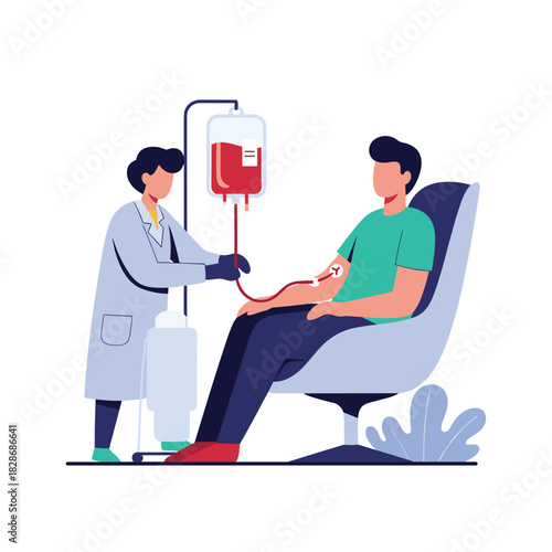 A dedicated healthcare professional assists a male patient during a vital blood donation procedure, ensuring safe collection for those in need.