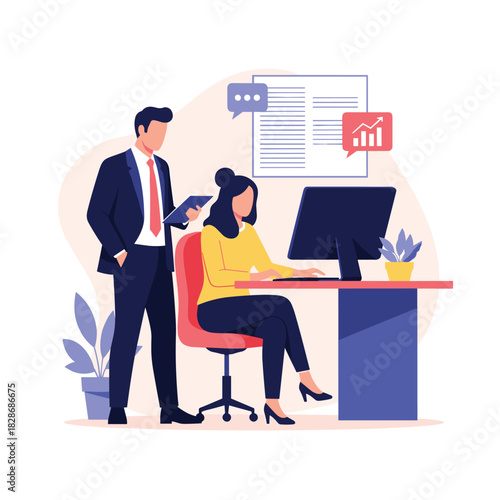 Two business professionals collaborate in a modern office environment, with one person working at a computer and the other reviewing documents, symbolizing teamwork and data analysis.