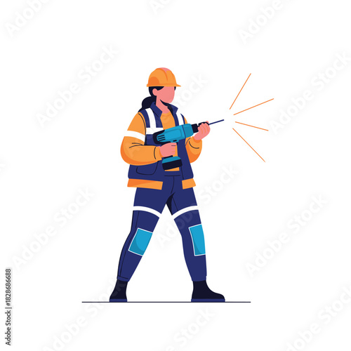 A female construction worker wearing a hard hat and protective gear, holding a power drill and actively drilling, with sparks emanating from the bit.
