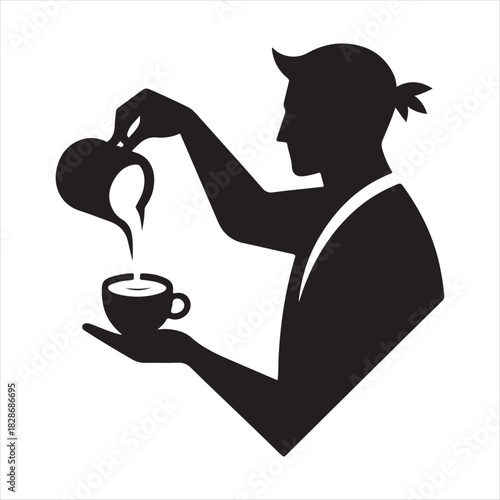 Barista Pouring Latte vector silhouette outline logo design concept illustration