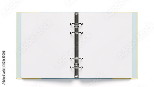 Top-down view of an open ring binder with blank white pages, isolated on a white background.