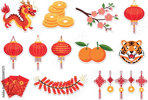 Celebrate Lunar New Year with Colorful Icons Dragon, Lanterns & More