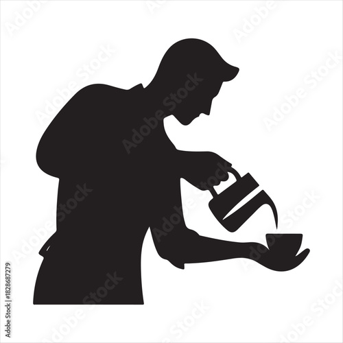 Barista Pouring Latte vector silhouette outline logo design concept illustration